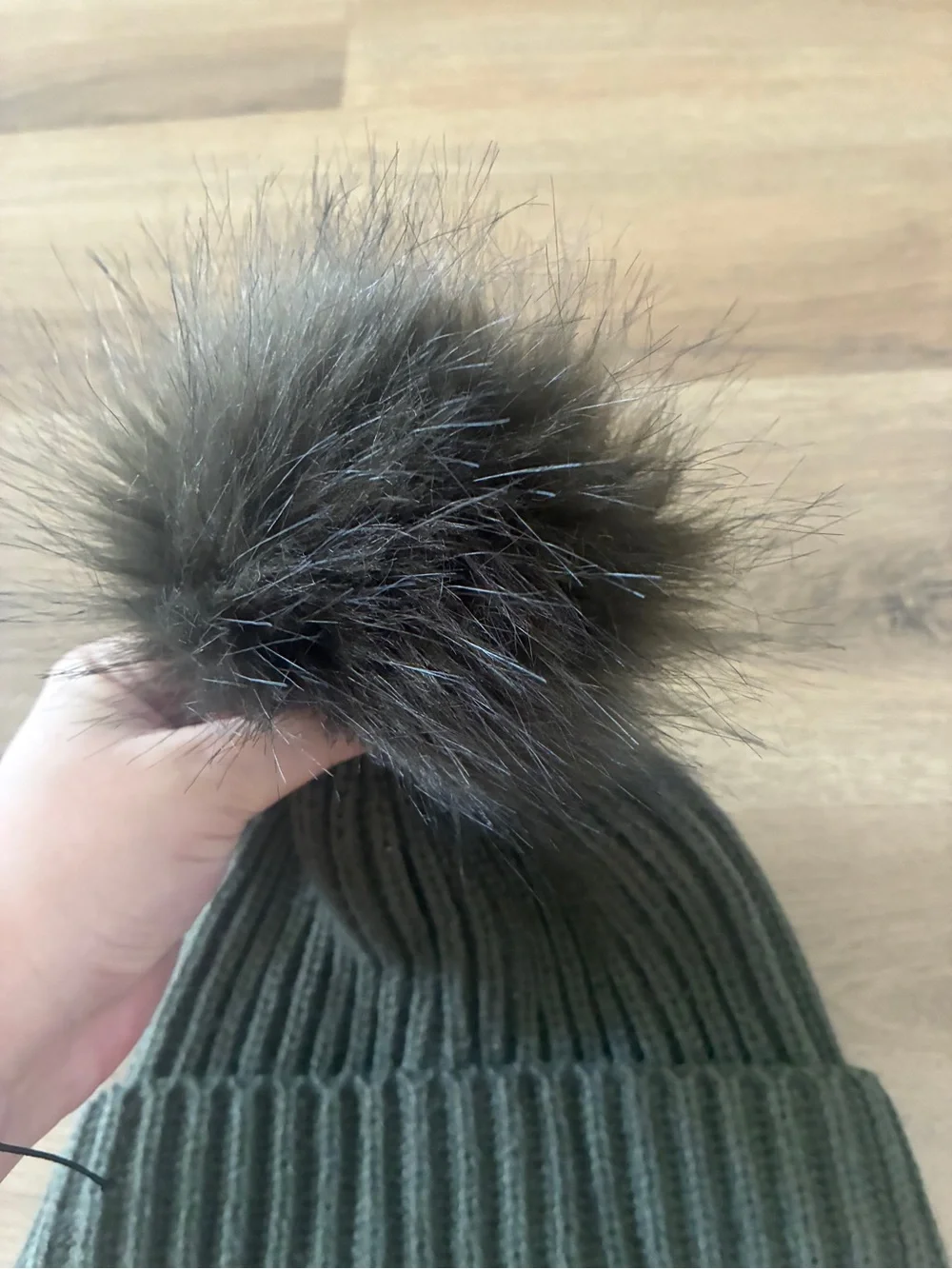 Olive Green Ribbed Knit Pom Pom Beanie Faux Fur Winter Hat One Size